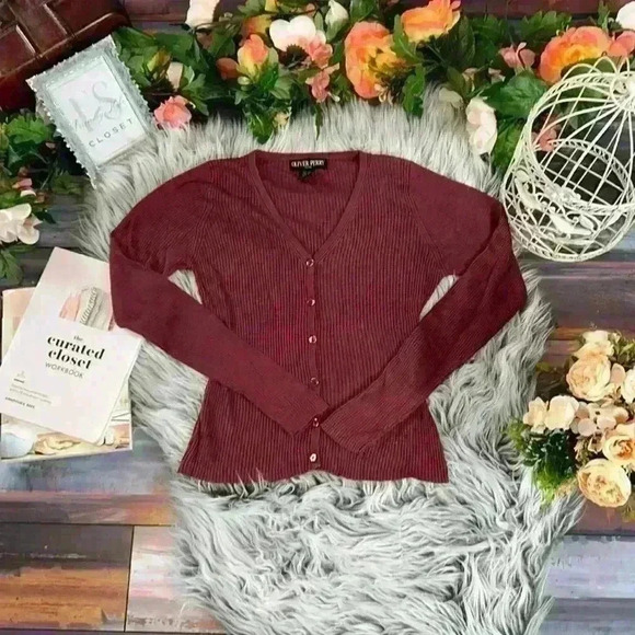 Oliver Perry 100% Silk Rustic Sun Red Ribbed Button Down Cardigan Shirt, PS - Picture 2 of 11